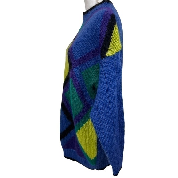 Mohair Blend Colorful Fuzzy Diamond Print Long Tunic Sweater 80s 90s - Picture 6 of 12